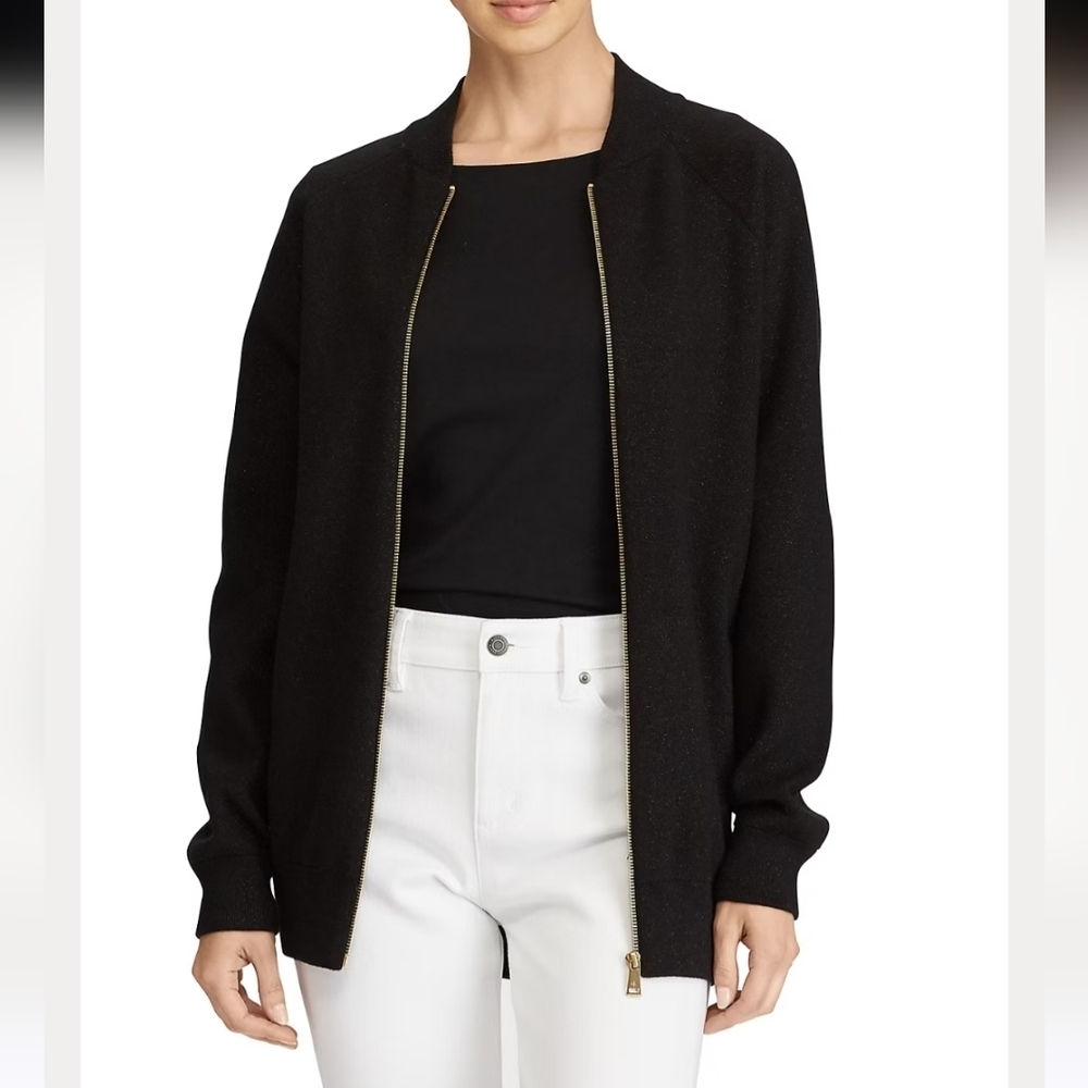 Lauren Ralph Lauren Metallic Bomber Jacket Women's XL In Polo Black Shimmer EUC
